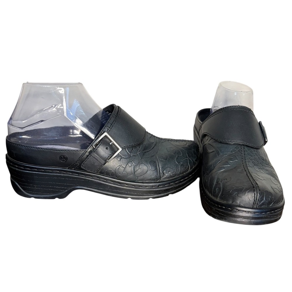 Klogs Black Leather Floral Embossed Clogs  Buckle Comfort Women's Size  10